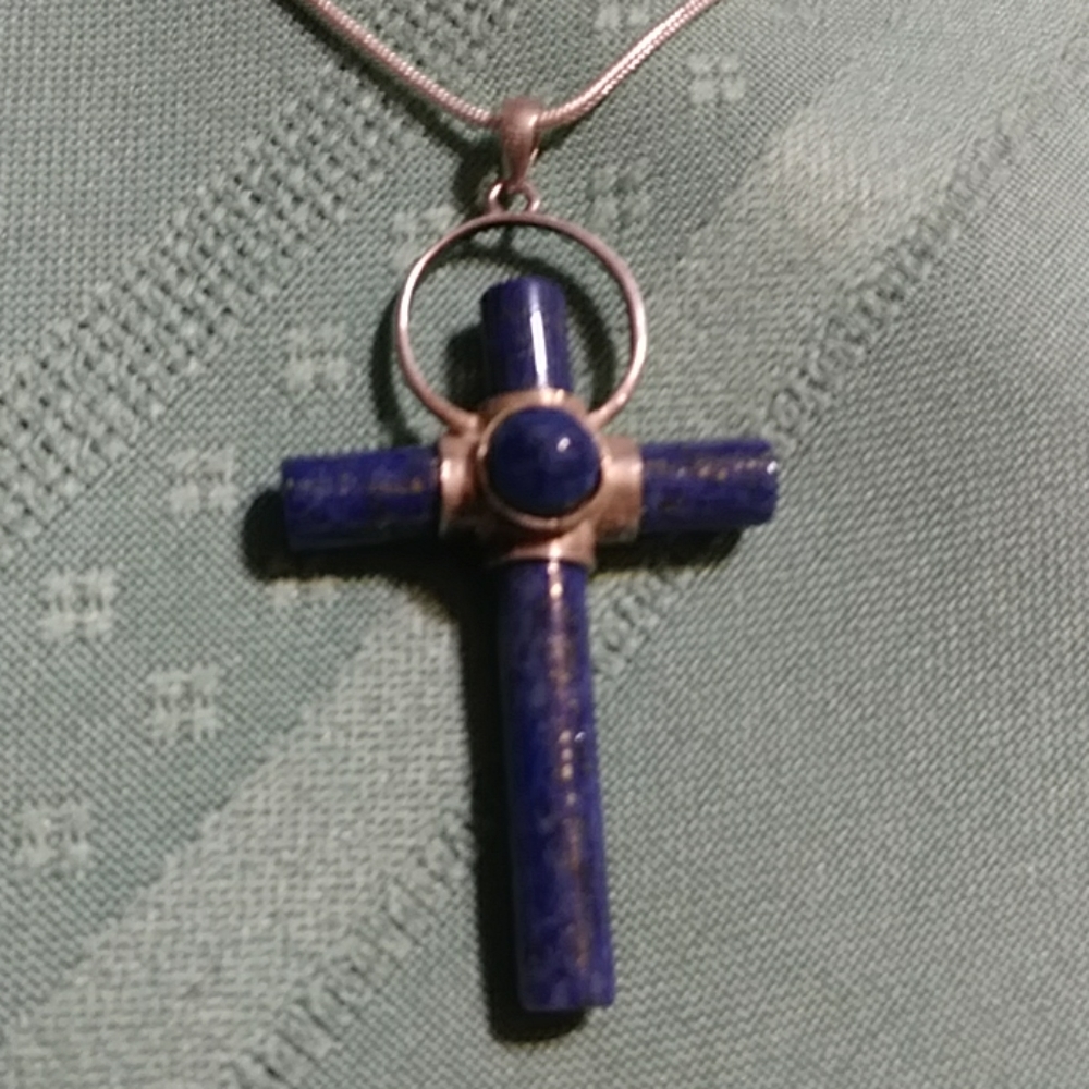 MEN'S- LAPIS LAZULI CROSS STERLING PENDANT, ON 18" STERLING CHAIN.